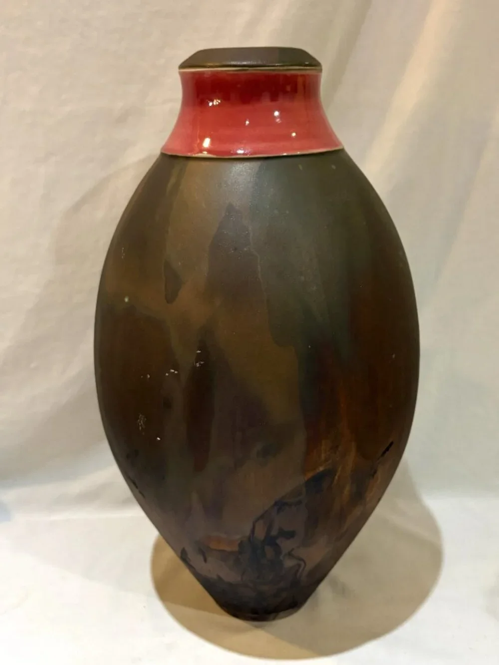 Raku Pottery Olive Shaped Vase 13.5 inch Tall with Red Glazed Collar